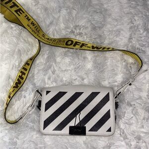Off-White Diagonal Stripe Crossbody Bag with Yellow Strap